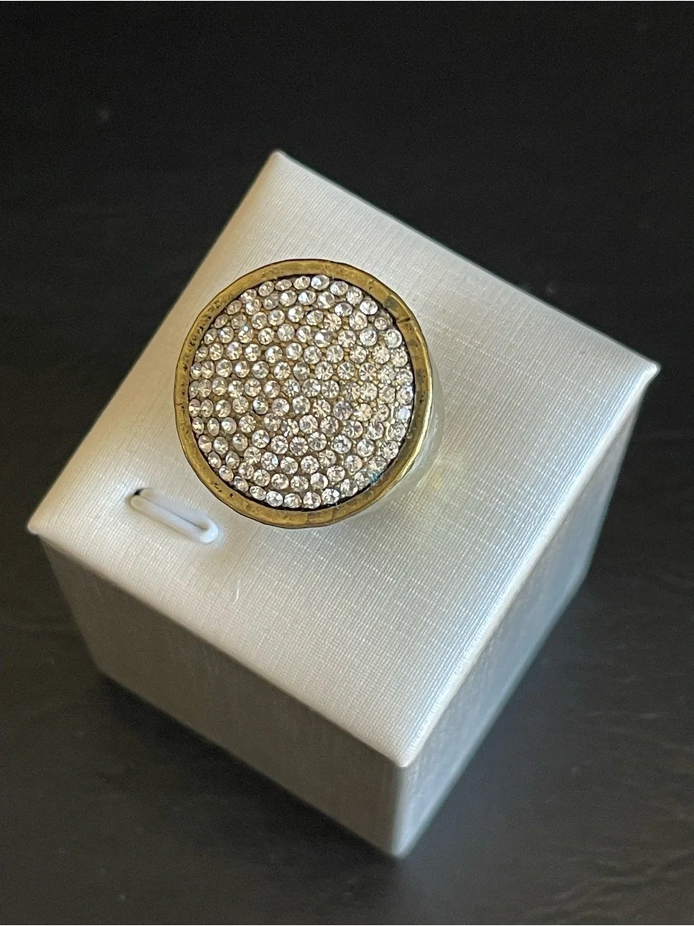 Brass Pave Crystal Round Cocktail Ring.